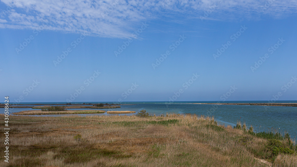 Plain coastal landscape with sea water and lakes and lagoons in Delta de l'Ebre, Catalonia