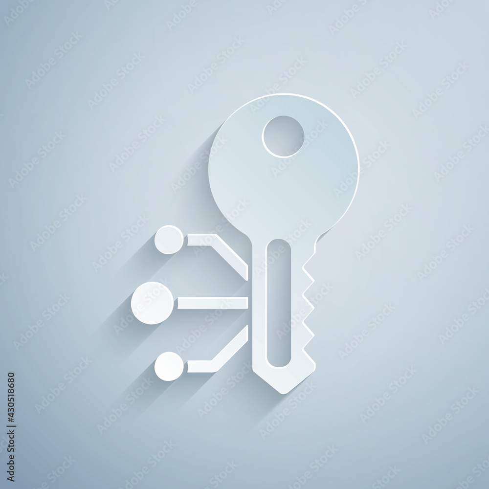 Paper cut Cryptocurrency key icon isolated on grey background. Concept of cyber security or private key, digital key with technology interface. Paper art style. Vector Paper cut Cryptocurrency key icon isolated on grey background. Concept of cyber security or private key, digital key with technology interface. Paper art style. Vector