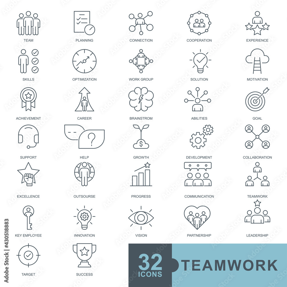 Business teamwork, team building, work group and human resources minimal thin line, glyph solid, filled color web icon set. icons collection. Simple vector illustration.