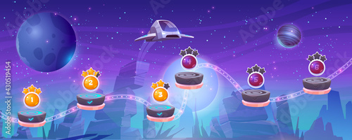 Mobile arcade with spaceship, interstellar shuttle hover above alien planet with rocks and assets on flying rocky platforms, fantasy game design, extraterrestrial landscape Cartoon vector illustration