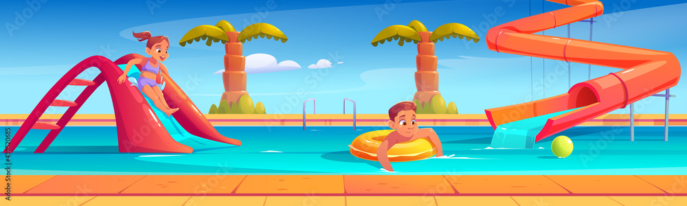 Kids in aquapark, amusement aqua park with water attractions, girl riding slide, boy swimming in pool on inflatable ring, outdoor playground for children entertainment, Cartoon vector illustration