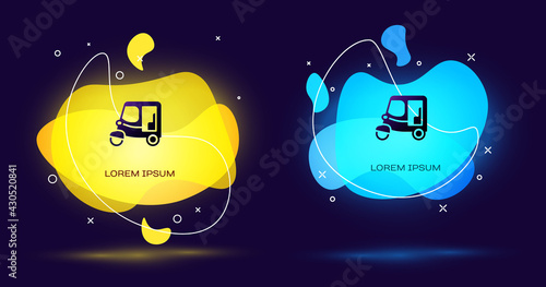 Black Taxi tuk tuk icon isolated on black background. Indian auto rickshaw concept. Delhi auto. Abstract banner with liquid shapes. Vector