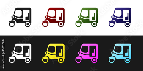 Set Taxi tuk tuk icon isolated on black and white background. Indian auto rickshaw concept. Delhi auto. Vector