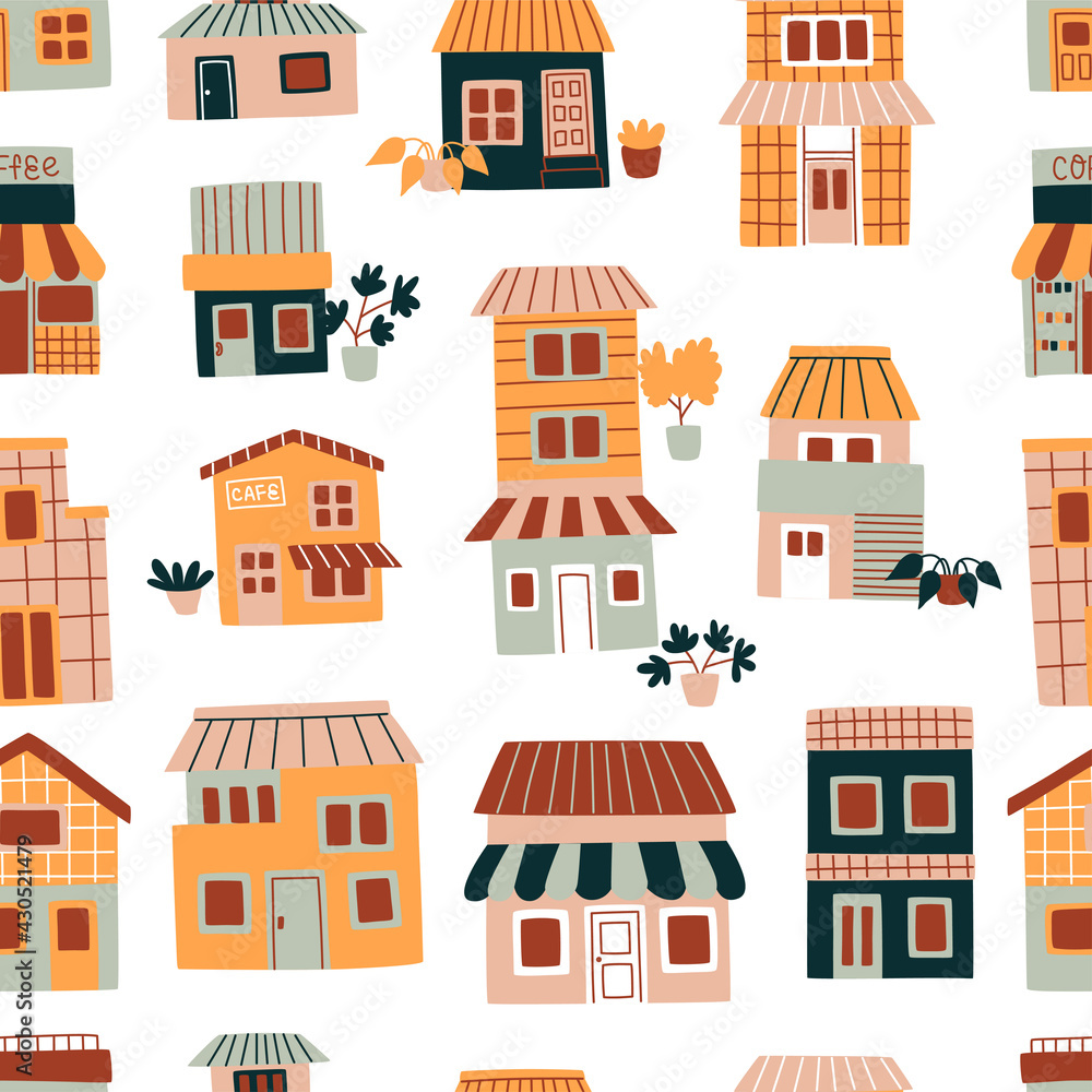 Abstract Seamless Pattern with Houses. Hand Drawn Vector Illustration.