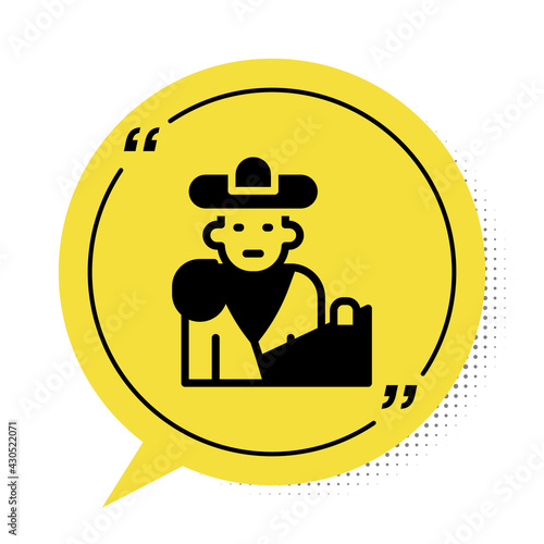Black Spain bullfight, matador icon isolated on white background. Traditional Spanish entertainment. Yellow speech bubble symbol. Vector