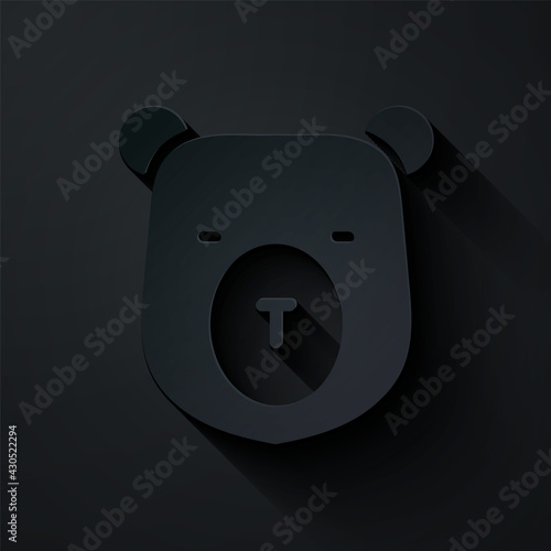 Paper cut Bear head icon isolated on black background. Paper art style. Vector