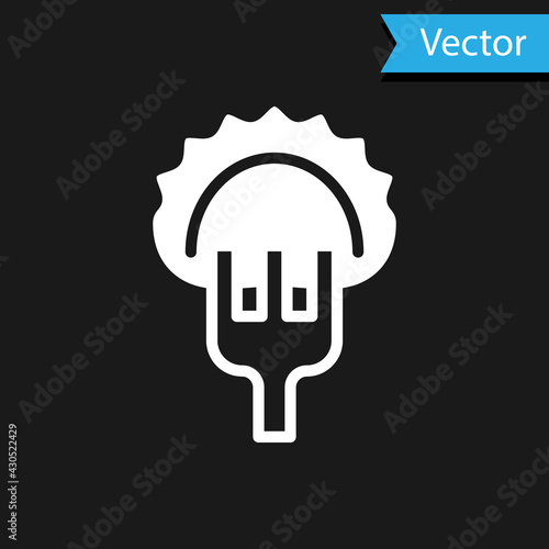 White Dumplings on fork icon isolated on black background. Pierogi, varenyky, pelmeni, ravioli. Traditional Ukrainian food. Vector