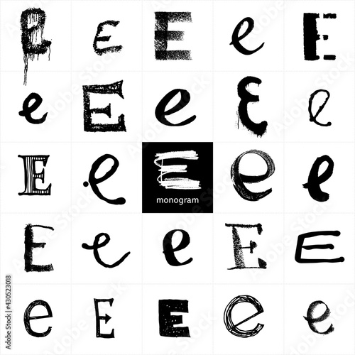 Monogram E. Set of handwritten stylish letters. Pencil and brushwork. Graphic elements for logo, postcard, posters, packages. The letters are drawn in various styles from elegant to street art.