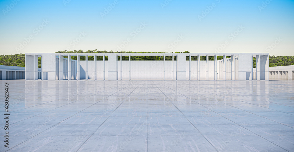 Abstract background of Empty concrete wall and floor with trees, Modern sunlight and blue Sky Scene, 3d rendering.