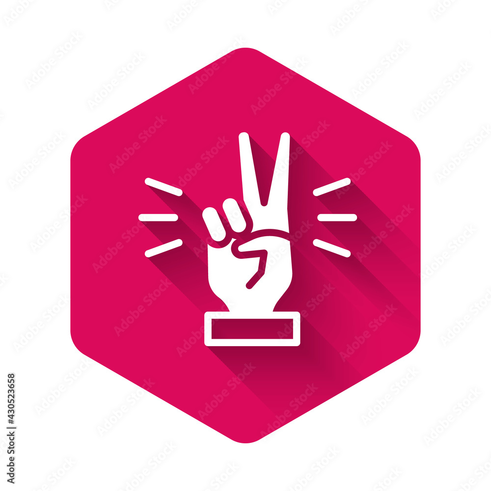White Hand showing two finger icon isolated with long shadow. Victory hand sign. Pink hexagon button. Vector White Hand showing two finger icon isolated with long shadow. Victory hand sign. Pink hexagon button. Vector