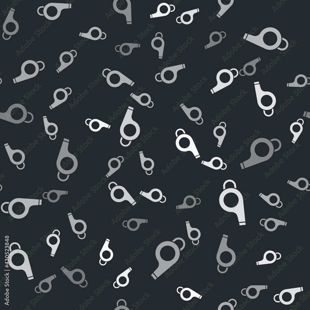 Grey Whistle icon isolated seamless pattern on black background. Referee symbol. Fitness and sport sign. Vector