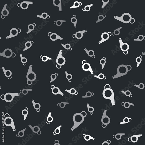 Grey Whistle icon isolated seamless pattern on black background. Referee symbol. Fitness and sport sign. Vector