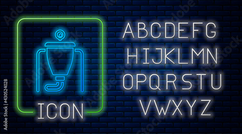 Glowing neon Beer brewing process icon isolated on brick wall background. Neon light alphabet. Vector