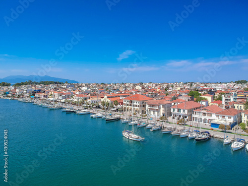Aerial view over the seaside Preveza city port in Epirus, Greece © panosk18