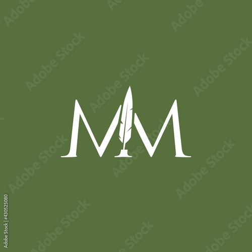 mm letter mark feather pen signature quill double m logo vector icon illustration
