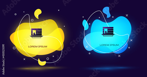 Black Stack of pancakes with honey icon isolated on black background. Breakfast concept. Abstract banner with liquid shapes. Vector