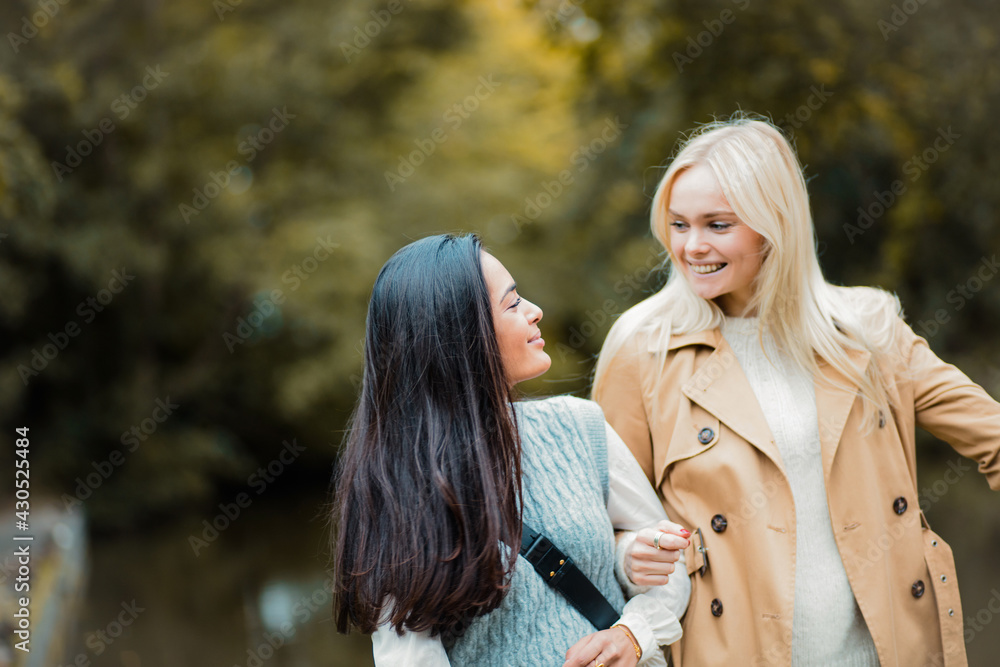 Two girls walking trough park and talking. Two girls walking trough park and talking.
