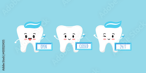 Cute teeth holds plate with open closed  24 7 text isolated on blue background. Flat cute design tooth boys dental emoticon for clinic work time. Vector cartoon dentistry characters illustration. 