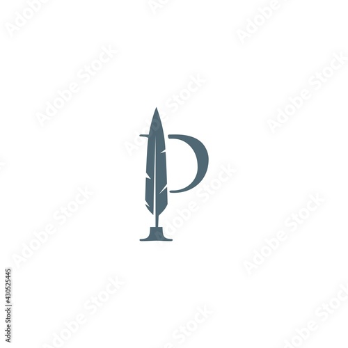 p letter mark feather pen signature quill logo vector icon illustration