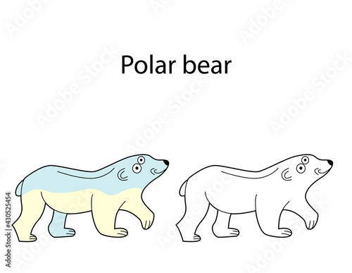 Funny cute animal polar bear isolated on white background. Linear, contour, black and white and colored version. Illustration can be used for coloring book and pictures for children