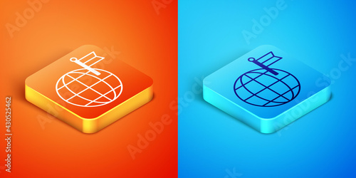 Isometric Planet with flag icon isolated on orange and blue background. Victory, winning and conquer adversity concept. Vector
