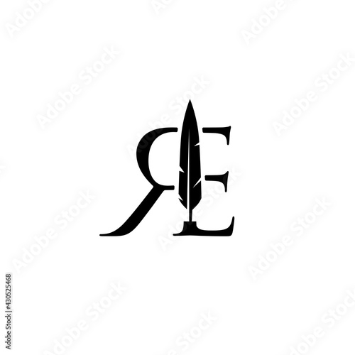 re letter mark feather pen signature quill logo vector icon illustration