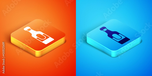 Isometric Wine bottle icon isolated on orange and blue background. Vector