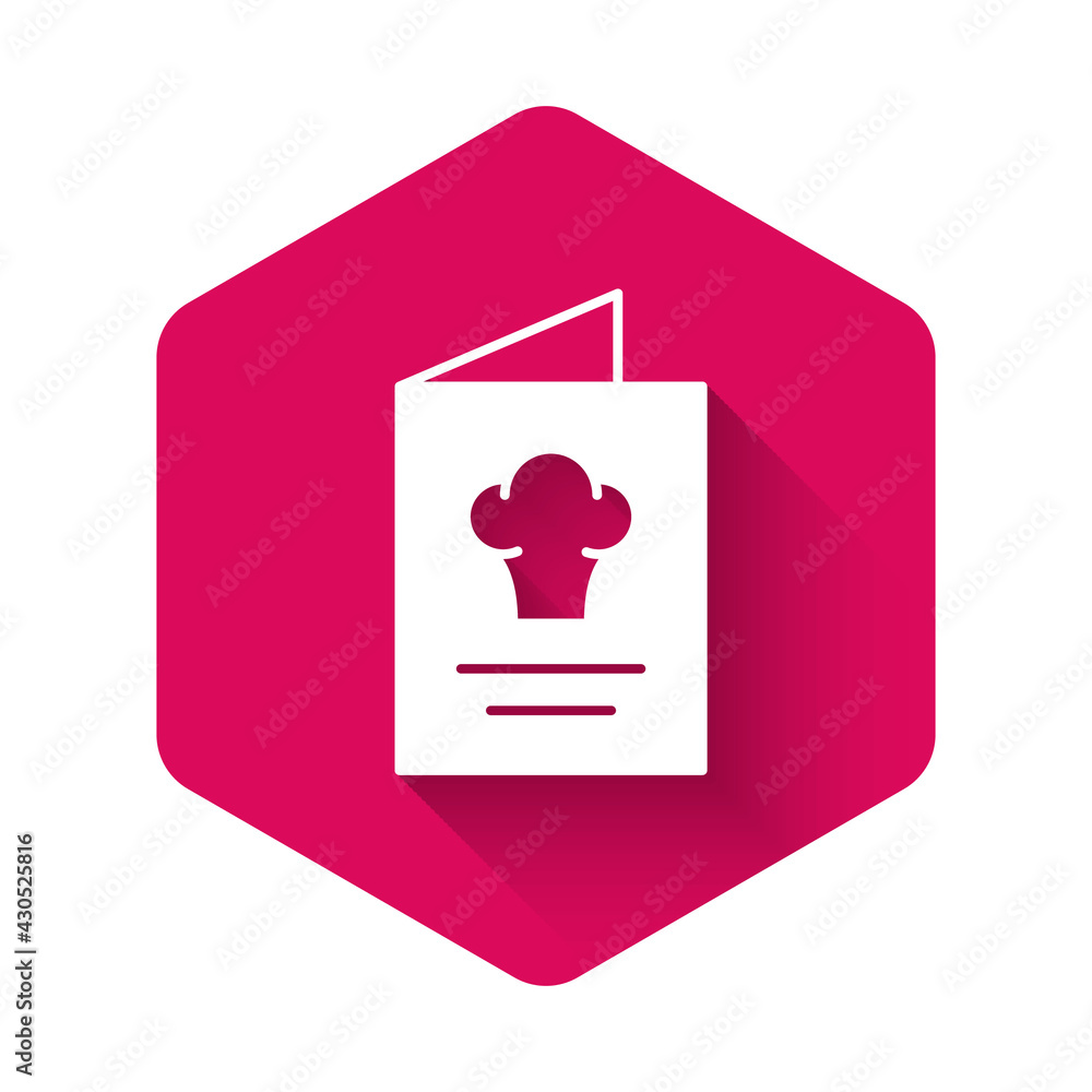 White Cookbook icon isolated with long shadow background. Cooking book icon. Recipe book. Fork and knife icons. Cutlery symbol. Pink hexagon button. Vector