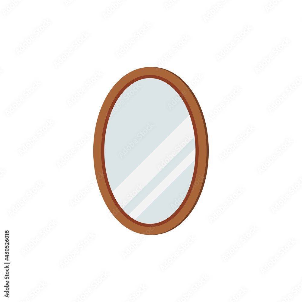 Mirror with oval frame isolated on white background. Home modern wall mirror for hallway, bedroom, wardrobe interior design. Flat catroon style clip art vector illustration. Mirror with oval frame isolated on white background. Home modern wall mirror for hallway, bedroom, wardrobe interior design. Flat catroon style clip art vector illustration.