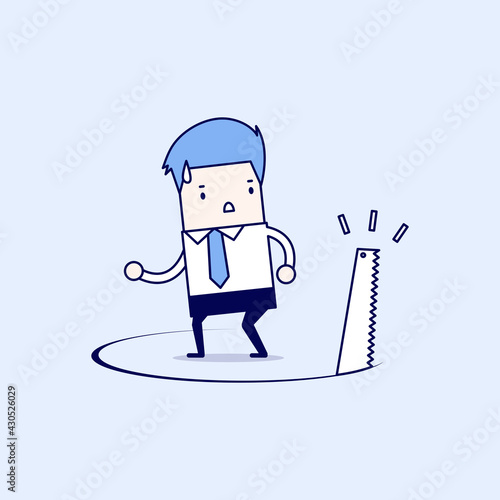 Businessman has ground cut beneath him. Cartoon character thin line style vector.
