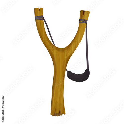 Wooden slingshot in cartoon flat style isolated on white background. Danger homemade weapon, simple catapult .