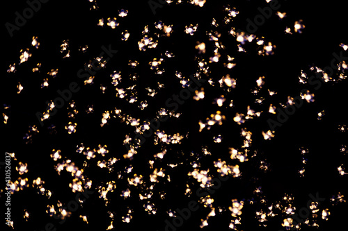 Christmas lights depicting flowers form abstract patterns against the black