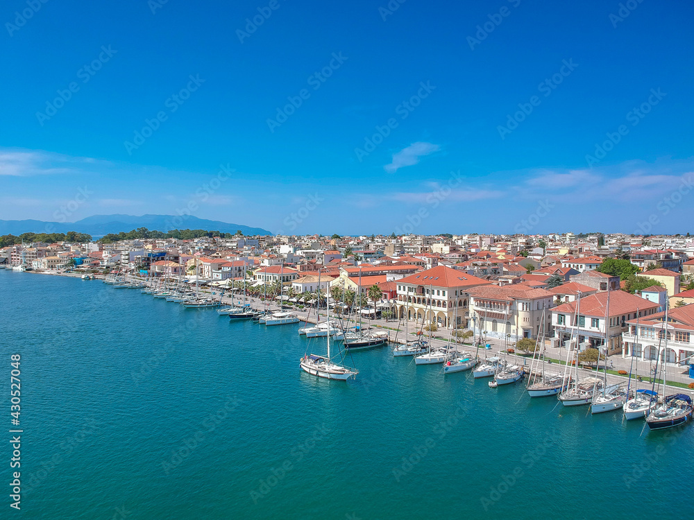 Aerial view over the seaside Preveza city port in Epirus, Greece