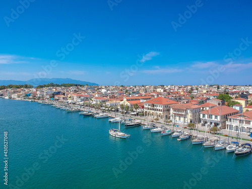 Aerial view over the seaside Preveza city port in Epirus, Greece