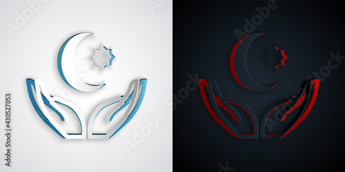 Paper cut Star and crescent - symbol of Islam icon isolated on grey and black background. Religion symbol. Paper art style. Vector