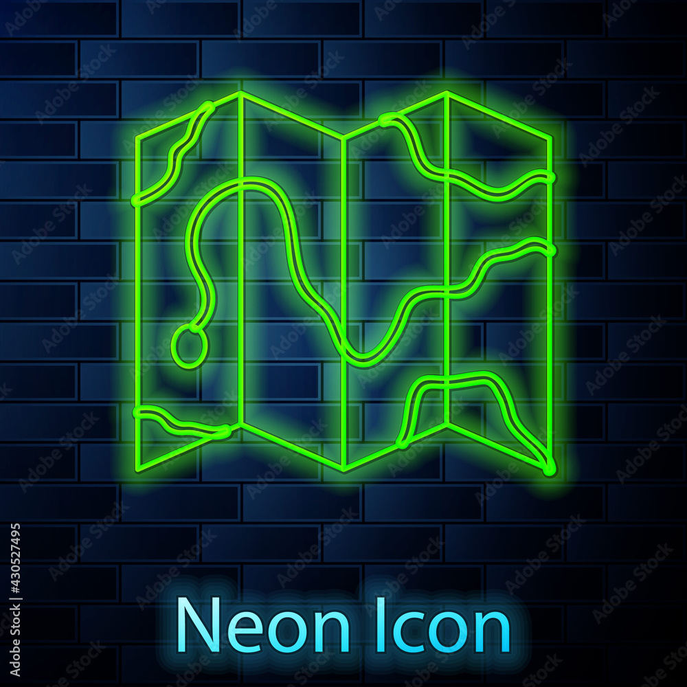 Glowing neon line Location of the forest on a map icon isolated on brick wall background. Vector Illustration