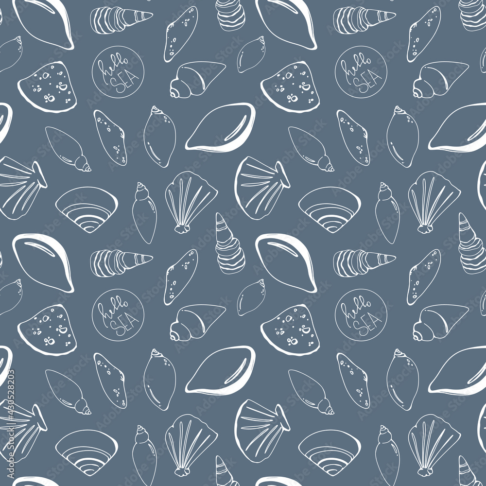 Seashell contour doodle seamless square pattern isolate on blue background. Digital art. Print for menu, cafe, packaging, tesktil, postcard, banner, poster, brand Seashell contour doodle seamless square pattern isolate on blue background. Digital art. Print for menu, cafe, packaging, tesktil, postcard, banner, poster, brand