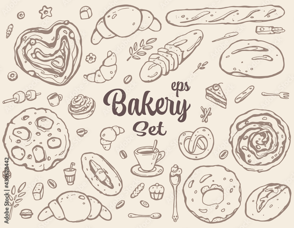 Vector Cute Outline Set. Bakery. Cakes, cookies, tea, coffee, bread, toast. Yummy Breakfast Print Design for Textile or Cafe Board. Icon Design. Hand-drawn. Vector Cute Outline Set. Bakery. Cakes, cookies, tea, coffee, bread, toast. Yummy Breakfast Print Design for Textile or Cafe Board. Icon Design. Hand-drawn.