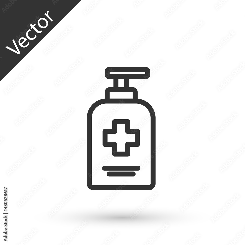 Obraz premium Grey line Bottle of liquid antibacterial soap with dispenser icon isolated on white background. Antiseptic. Disinfection, hygiene, skin care. Vector.