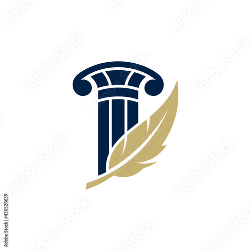Pillar and quill flat logo template ready for use, suitable for law symbol, justice icon, building construction, old architecture, university and others
