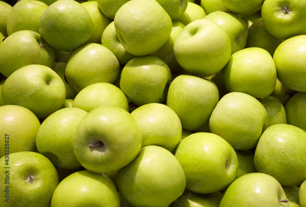Apples of green color, many pieces, ripe, piled in bulk Apples of green color, many pieces, ripe, piled in bulk