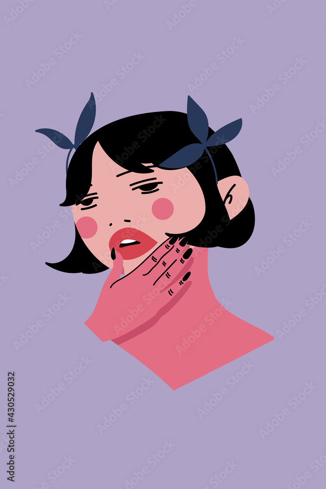 Portrait of a beautiful woman. Feminine design of a modern fashion lady. Self-confidence, caring concept. Hand-drawn cartoon vector illustration. All elements are isolated.