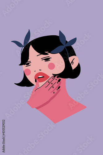 Portrait of a beautiful woman. Feminine design of a modern fashion lady. Self-confidence, caring concept. Hand-drawn cartoon vector illustration. All elements are isolated. © Natur19