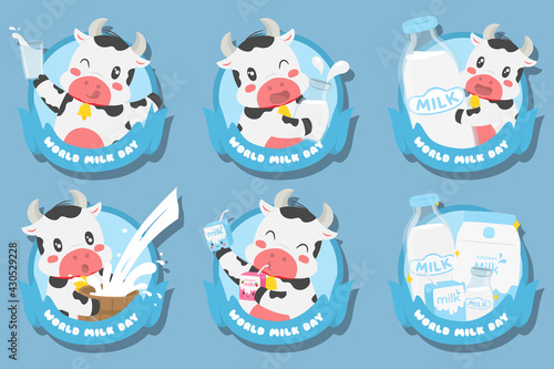 Cute cow holding milk, World Milk Day badges vector set.