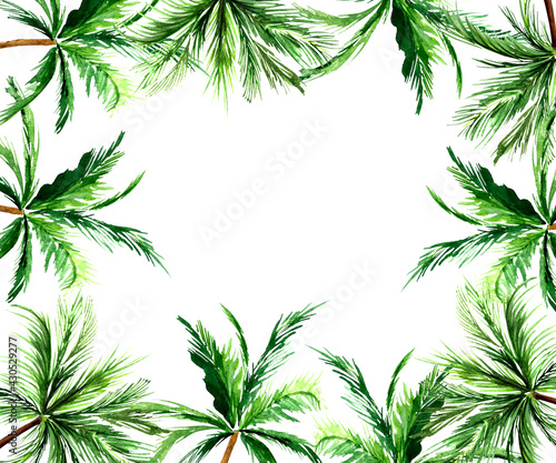 Frame template with watercolor palm leaves. Template for decorating designs and illustrations.