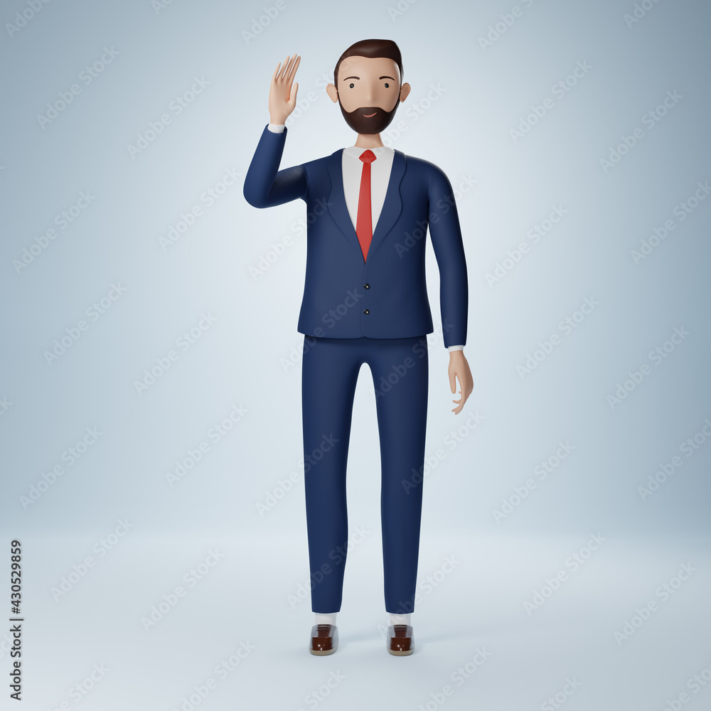 Businessman cartoon character raising hand up and say hello Businessman cartoon character raising hand up and say hello