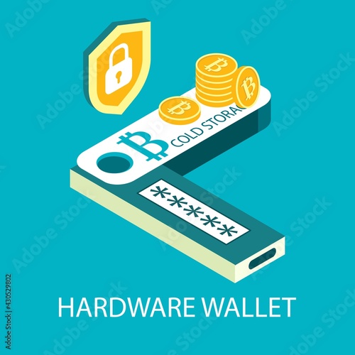 Hardware cryptocurrency wallet, vector isometric illustration. Digital money storage. Offline bitcoin crypto coin wallet