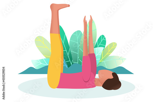 The woman is engaged in yoga. Healthy lifestyle concept. Rest, treatment, prevention. All-season training at home and outdoors. Cartoon lifestyle. Vector.