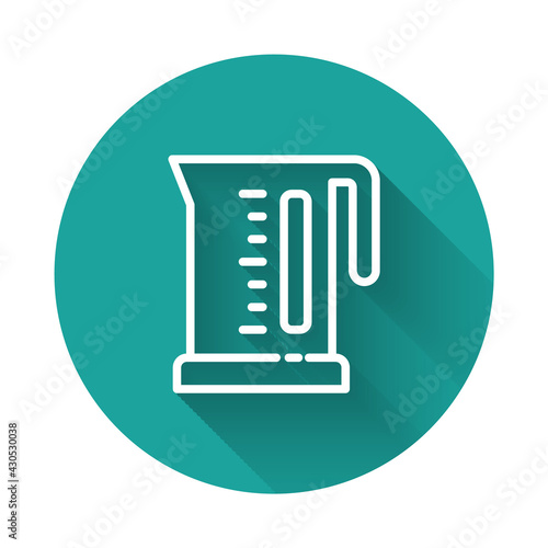 White line Electric kettle icon isolated with long shadow. Teapot icon. Green circle button. Vector