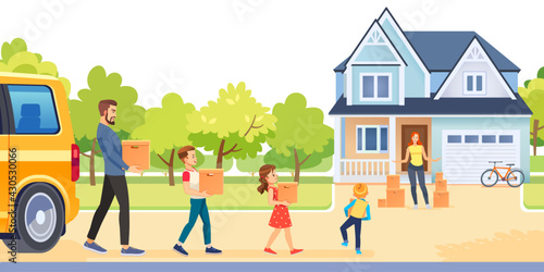 Happy family with cardboard boxes in a new house on moving day. Home sweet home. Welcome to the new home concept. Vector Cartoon illustration